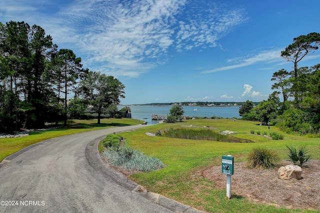 view of home's community with a yard and a water view