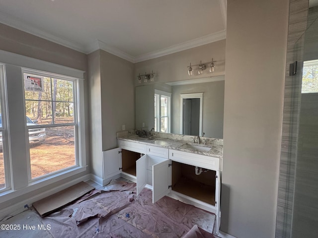 bathroom featuring ornamental molding, a wealth of natural light, and a sink