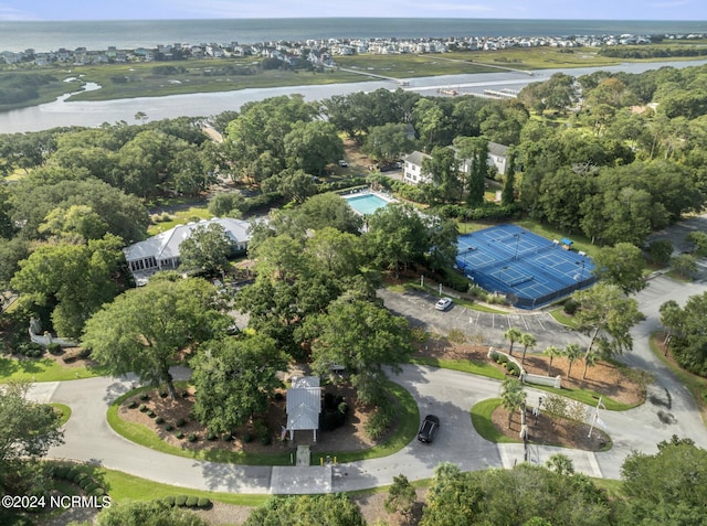 drone / aerial view with a water view