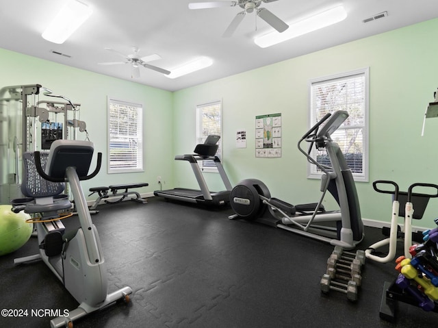 exercise room featuring baseboards, visible vents, and ceiling fan