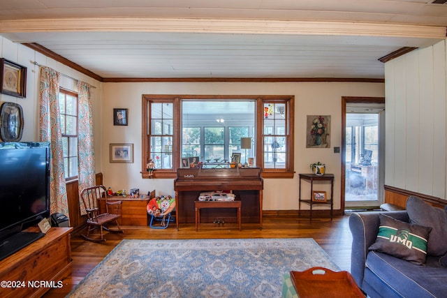 living room featuring ornamental molding, wooden walls, and dark hardwood / wood-style flooring