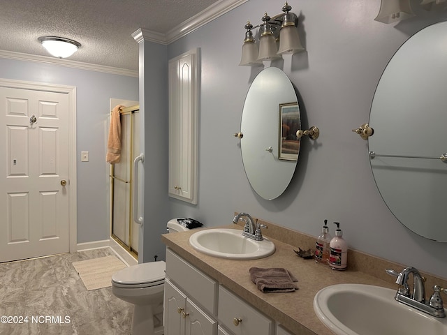 bathroom featuring vanity, crown molding, toilet, and an enclosed shower