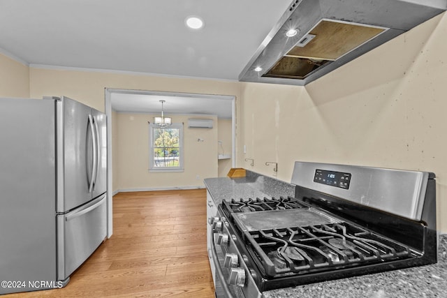 kitchen with stainless steel appliances, light hardwood / wood-style floors, ornamental molding, a wall unit AC, and stone counters