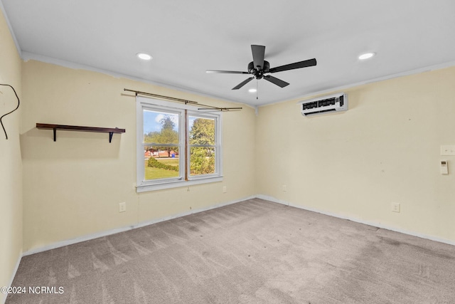 carpeted empty room with ceiling fan, a wall mounted air conditioner, and ornamental molding