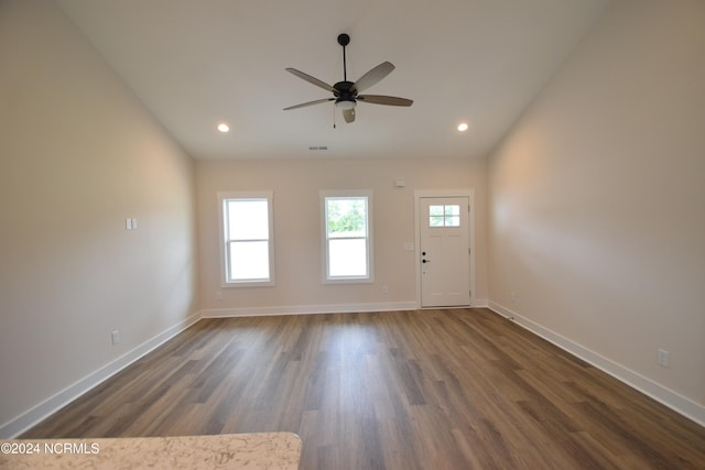 entrance foyer featuring ceiling fan and dark hardwood / wood-style flooring