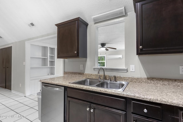 kitchen with a ceiling fan, visible vents, stainless steel dishwasher, a sink, and light countertops