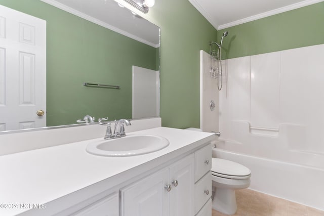 full bathroom featuring tile patterned floors, toilet, shower / bathing tub combination, crown molding, and vanity