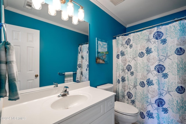 bathroom featuring toilet, crown molding, curtained shower, and vanity