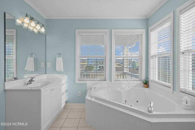 bathroom featuring vanity, a relaxing tiled tub, ornamental molding, and a wealth of natural light