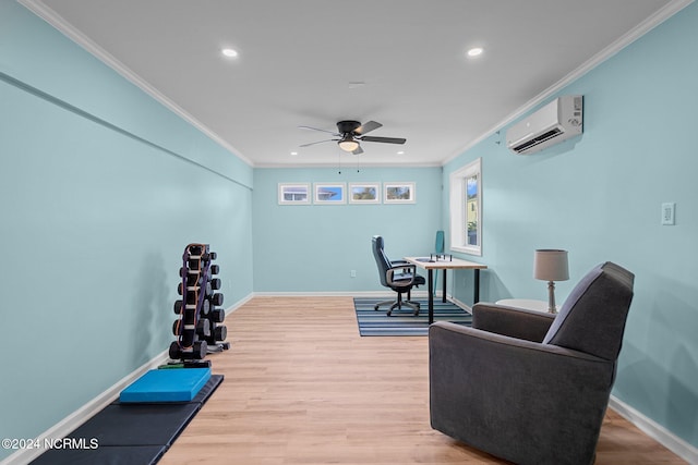 office area featuring a wall mounted air conditioner, crown molding, ceiling fan, and light hardwood / wood-style floors