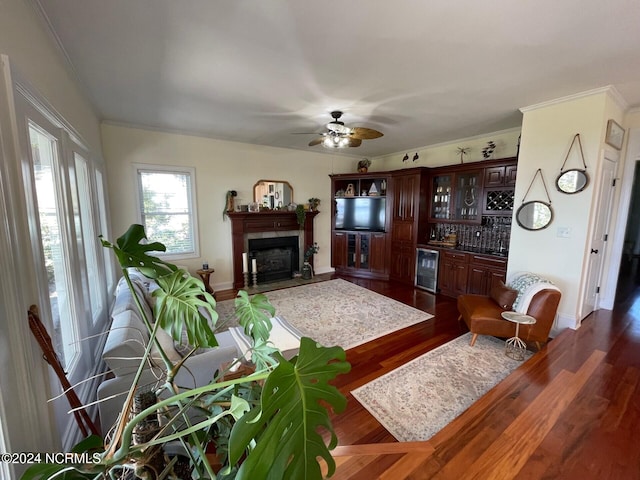 living room featuring wine cooler, crown molding, dark hardwood / wood-style floors, and ceiling fan