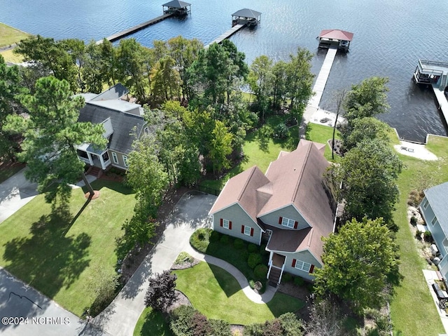 drone / aerial view with a water view