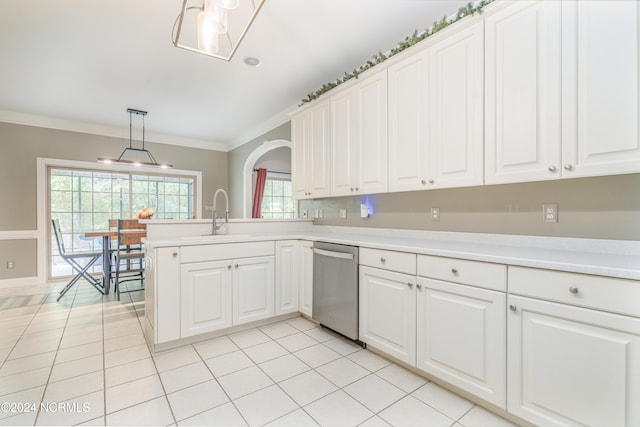 kitchen featuring dishwasher, kitchen peninsula, sink, decorative light fixtures, and white cabinets