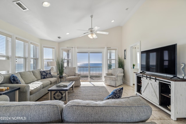 living room with vaulted ceiling and ceiling fan