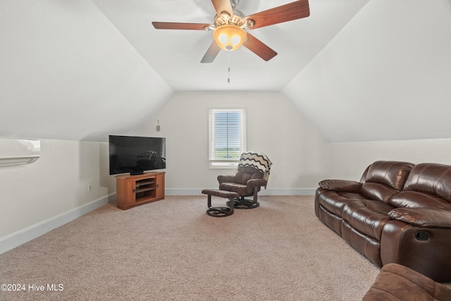 living room with lofted ceiling, an AC wall unit, light colored carpet, and ceiling fan