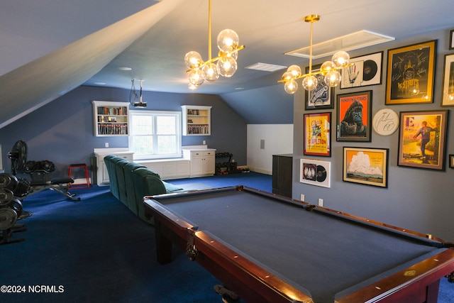 rec room featuring billiards, carpet, and vaulted ceiling