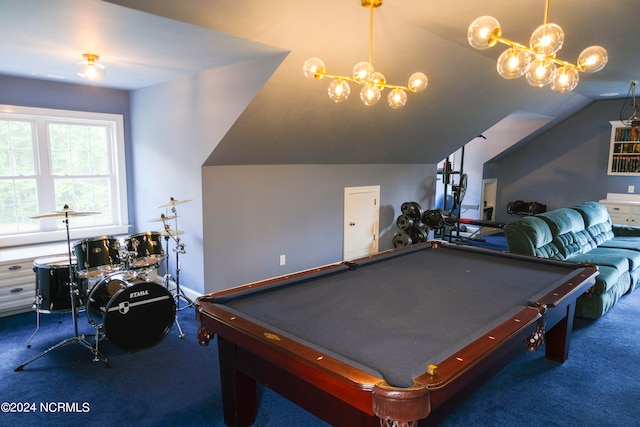 game room featuring vaulted ceiling, pool table, and dark colored carpet