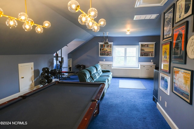 playroom with dark carpet, vaulted ceiling, and pool table