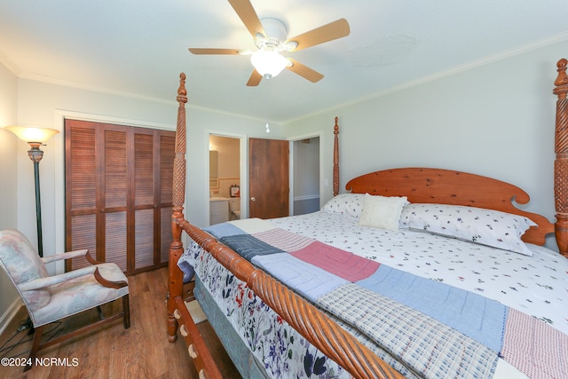 bedroom with connected bathroom, ceiling fan, crown molding, and hardwood / wood-style floors