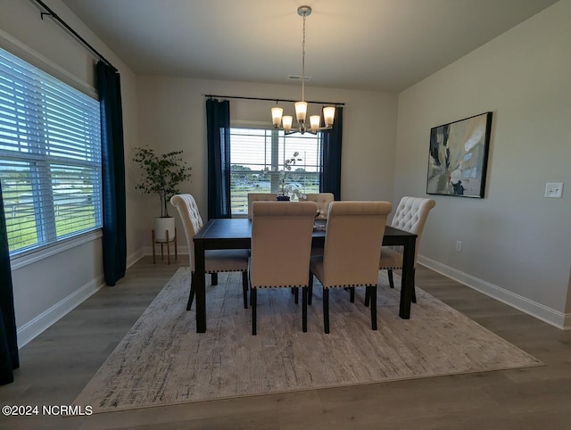 1491 Pecan Drive Model Home, Nashville, NC 27856 - dining room featuring a chandelier, wood finished floors, a healthy amount of sunlight, and baseboards