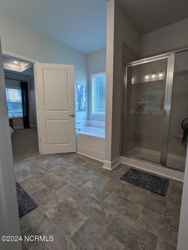 1491 Pecan Drive Model Home, Nashville, NC 27856 - full bathroom featuring a bath, a shower stall, baseboards, and vaulted ceiling