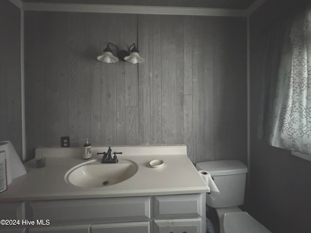 bathroom with vanity, wood walls, and toilet