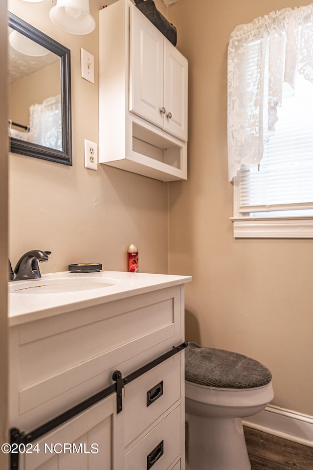 bathroom featuring vanity, hardwood / wood-style floors, and toilet