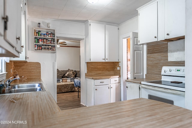 kitchen with sink, white electric range, decorative backsplash, and white cabinetry