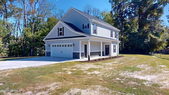 view of side of property with a garage and a lawn