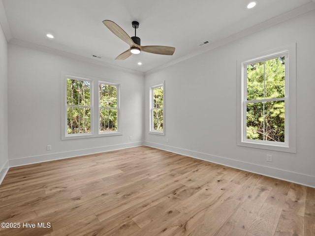 103 Cumberland St, Newport, NC 28570 - unfurnished room with ornamental molding, ceiling fan, light wood-style floors, and recessed lighting