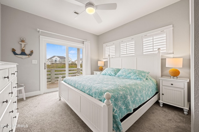 carpeted bedroom featuring ceiling fan and access to exterior