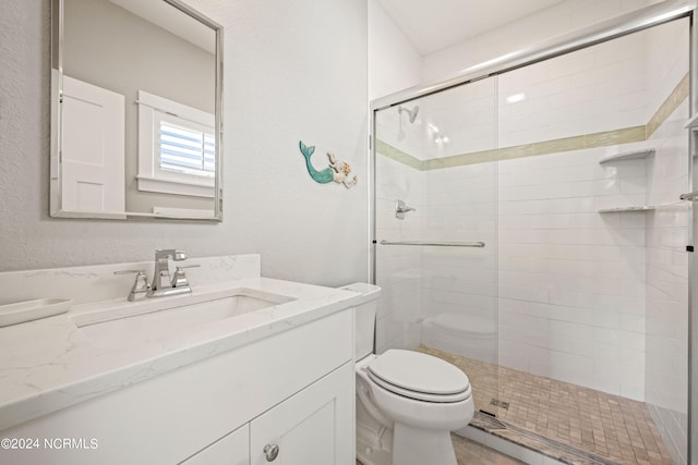 bathroom featuring vanity, toilet, and a shower with door