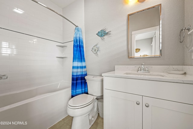 full bathroom with toilet, shower / bath combination with curtain, vanity, and tile patterned floors