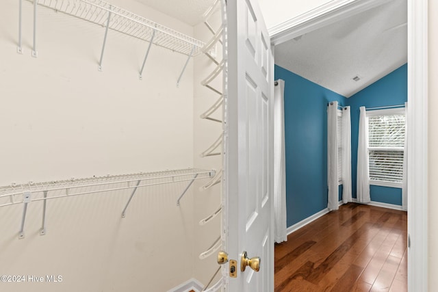 spacious closet with vaulted ceiling and dark wood-type flooring