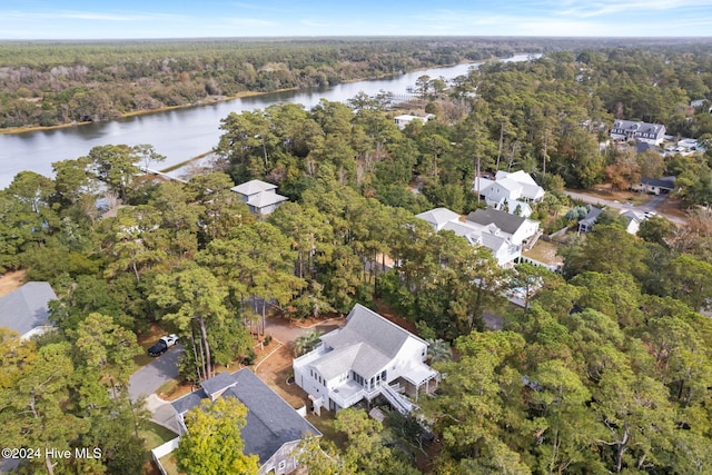 bird's eye view with a water view and a view of trees