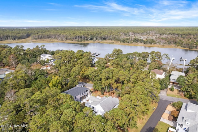 bird's eye view featuring a water view and a view of trees