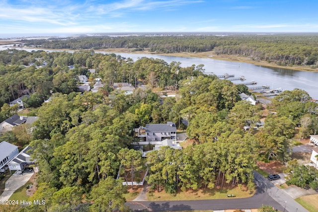 bird's eye view with a water view and a wooded view