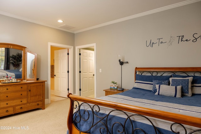 carpeted bedroom with crown molding