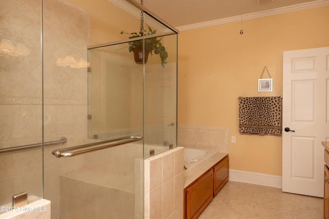 bathroom featuring tile patterned flooring, ornamental molding, and separate shower and tub