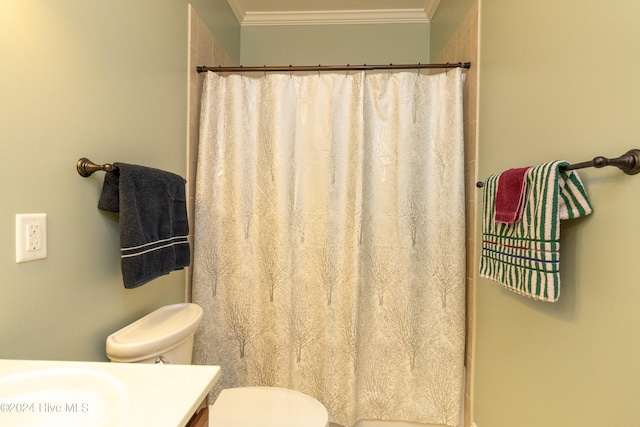 bathroom with vanity, ornamental molding, toilet, and walk in shower