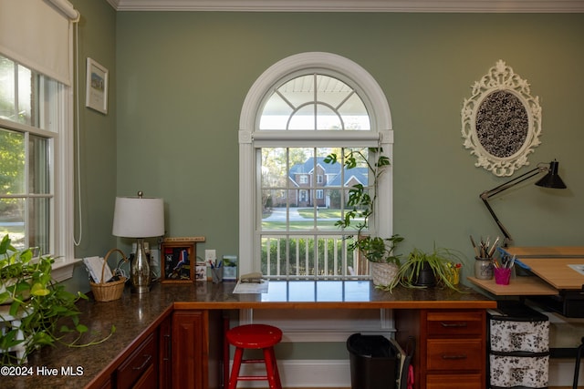 home office with ornamental molding