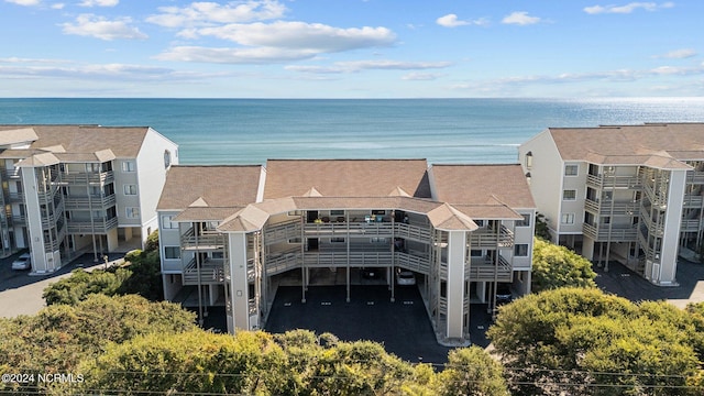 bird's eye view with a water view