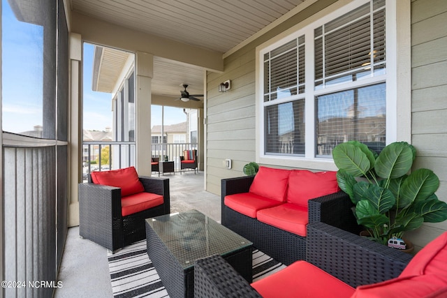 view of patio featuring ceiling fan and an outdoor hangout area