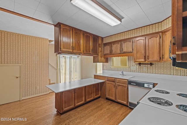 kitchen with kitchen peninsula, sink, white dishwasher, and light wood-type flooring