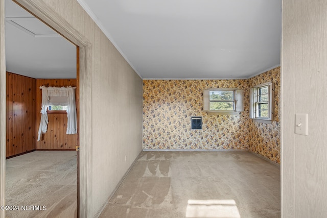 interior space featuring wooden walls, crown molding, and light colored carpet