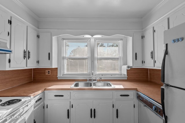 kitchen featuring crown molding, sink, white cabinets, and stainless steel appliances