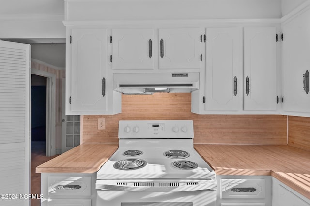 kitchen featuring ornamental molding, white cabinetry, white range with electric stovetop, decorative backsplash, and ventilation hood