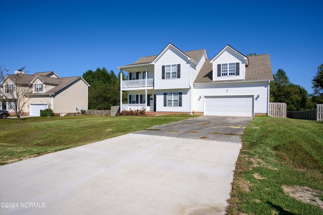 view of front facade featuring a front lawn, a garage, a porch, and a balcony