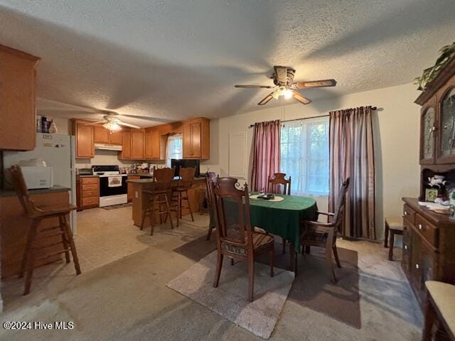 carpeted dining space featuring ceiling fan and a textured ceiling