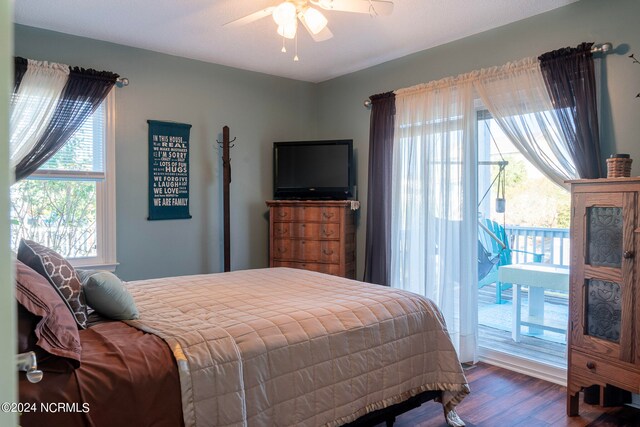 bedroom featuring wood-type flooring, multiple windows, and access to exterior